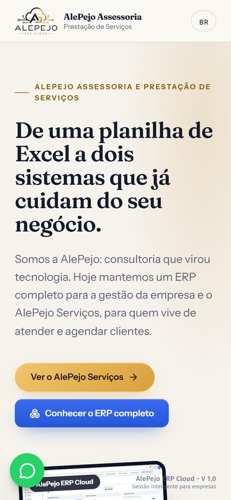 Site institucional da AlePejo, no celular